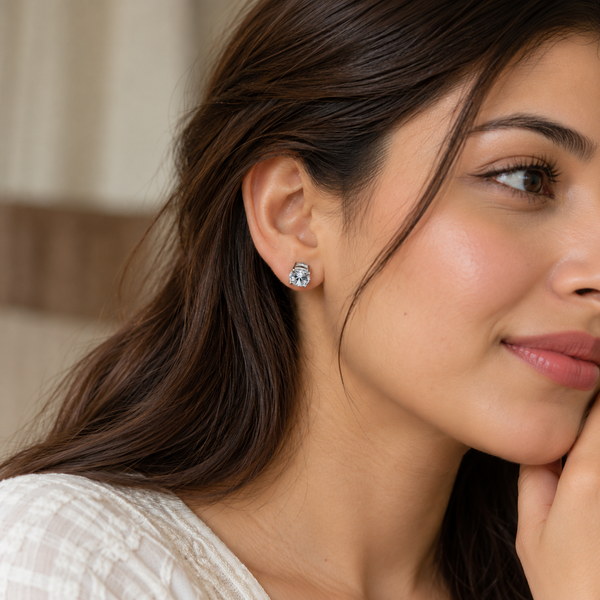Classic Round Solitaire Stud Earrings in Silver Tone