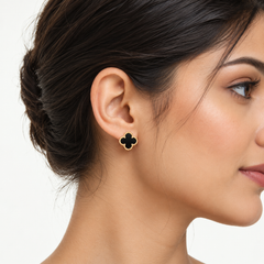 Gold-Tone Black Clover Pendant Necklace and Stud Earrings Set