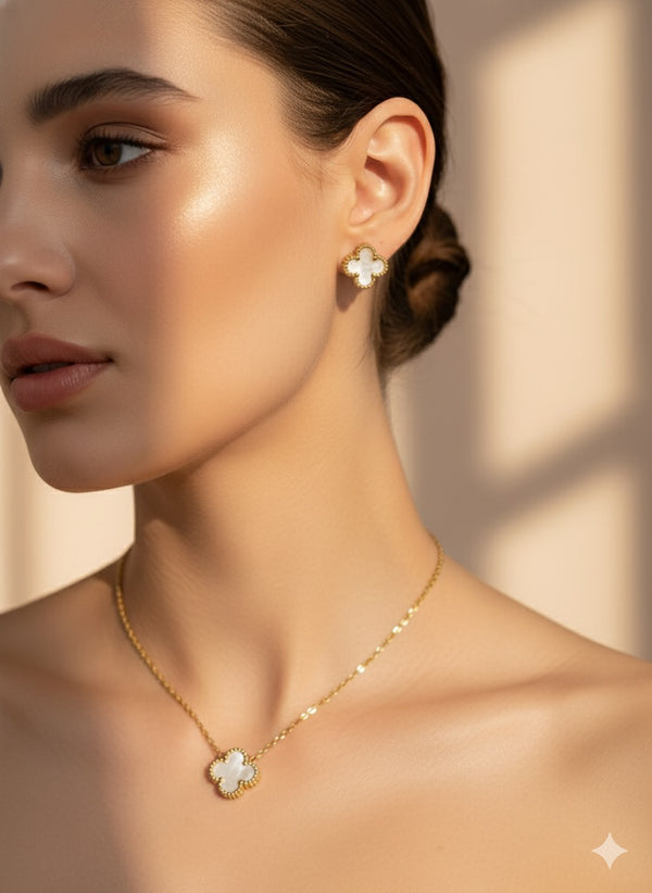 White Clover Pendant Set with Stud Earrings