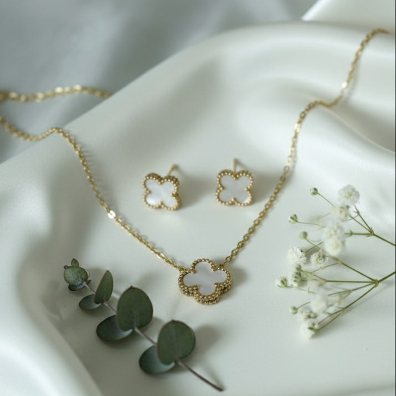 White Clover Pendant Set with Stud Earrings