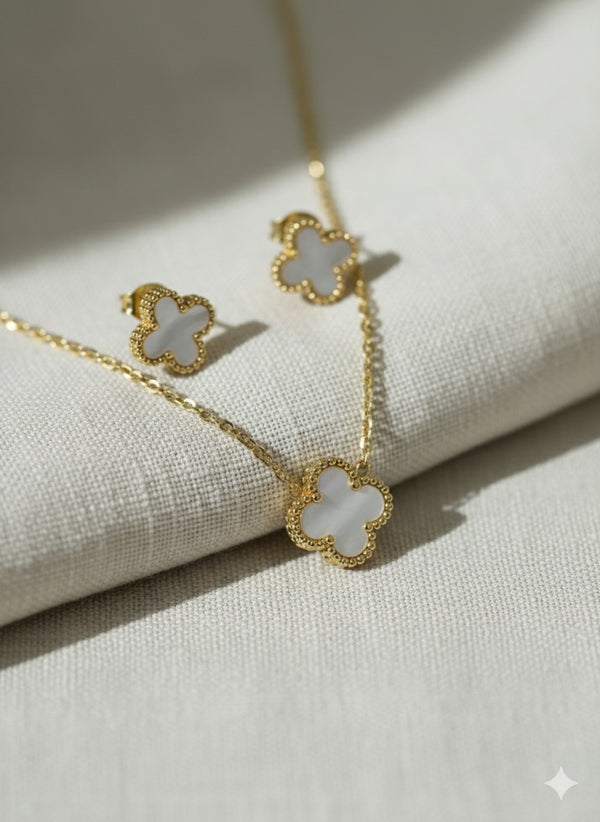 White Clover Pendant Set with Stud Earrings