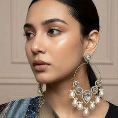Gold-Plated Kundan & Pearl Hoop Chandbali Earrings for Women
