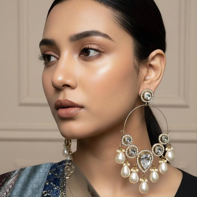 Gold-Plated Kundan & Pearl Hoop Chandbali Earrings for Women