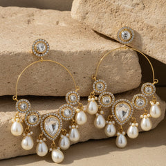Gold-Plated Kundan & Pearl Hoop Chandbali Earrings for Women