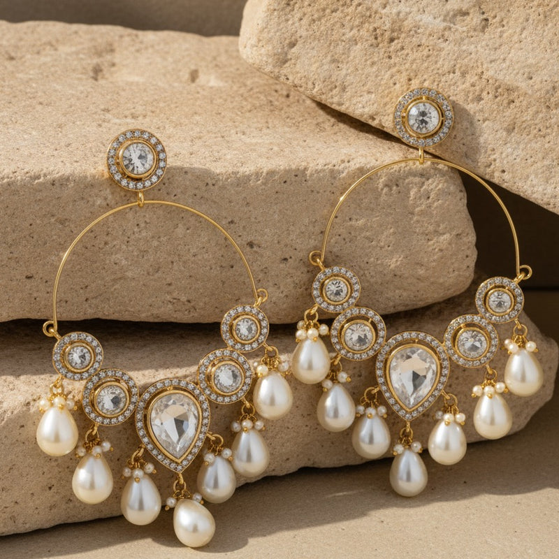 Gold-Plated Kundan & Pearl Hoop Chandbali Earrings for Women