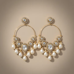 Gold-Plated Kundan & Pearl Hoop Chandbali Earrings for Women