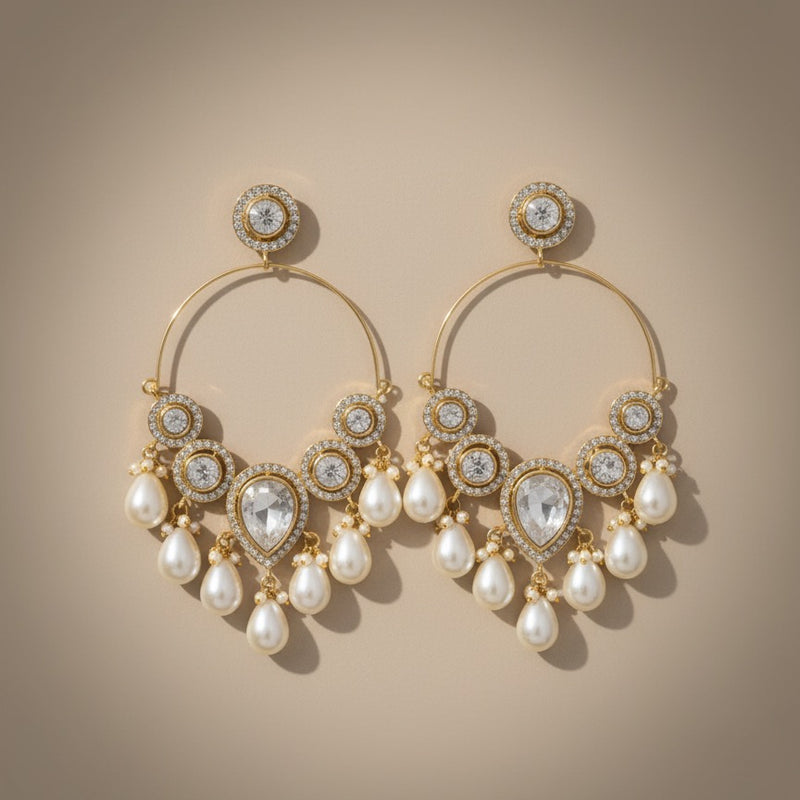 Gold-Plated Kundan & Pearl Hoop Chandbali Earrings for Women