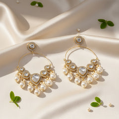 Gold-Plated Kundan & Pearl Hoop Chandbali Earrings for Women