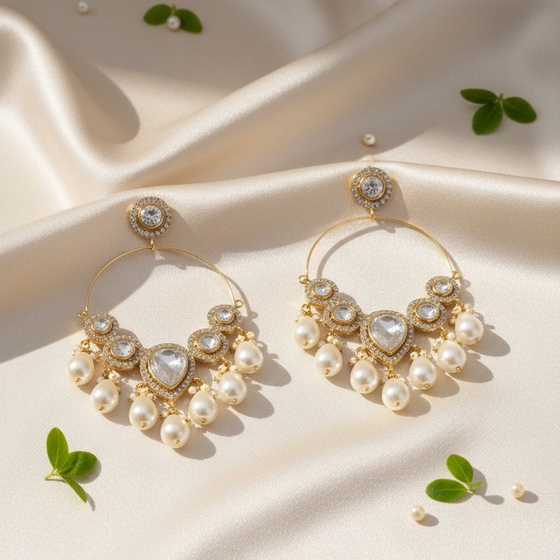 Gold-Plated Kundan & Pearl Hoop Chandbali Earrings for Women