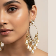Gold-Plated Kundan & Pearl Hoop Chandbali Earrings for Women