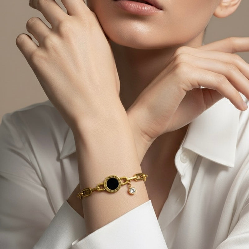 Elegant Gold Chain Bracelet with Black Stone & Crystal Charm