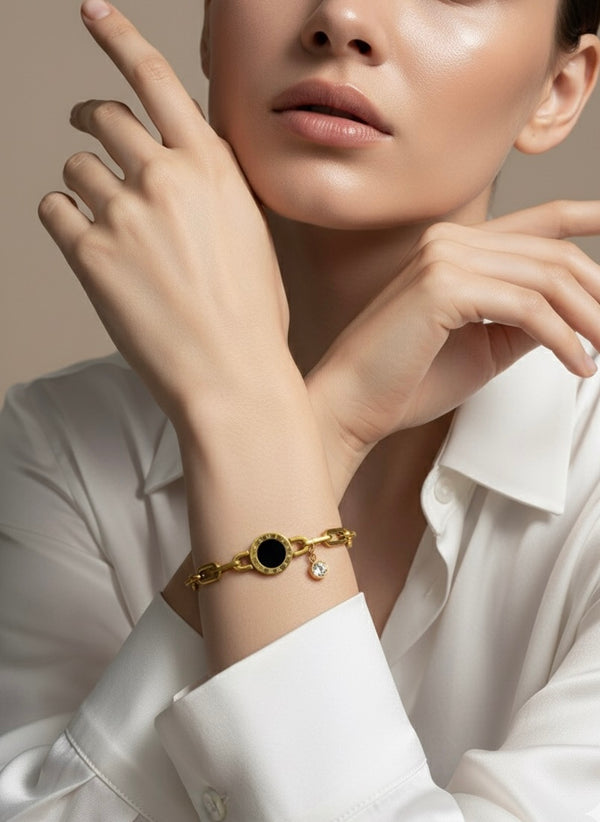 Elegant Gold Chain Bracelet with Black Stone & Crystal Charm
