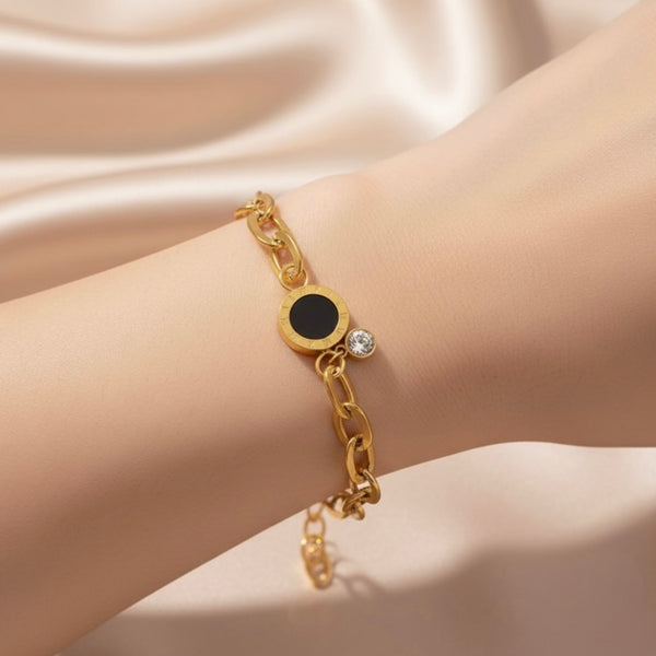 Elegant Gold Chain Bracelet with Black Stone & Crystal Charm