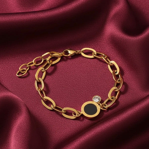 Elegant Gold Chain Bracelet with Black Stone & Crystal Charm