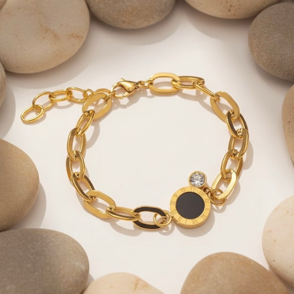 Elegant Gold Chain Bracelet with Black Stone & Crystal Charm
