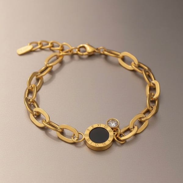 Elegant Gold Chain Bracelet with Black Stone & Crystal Charm