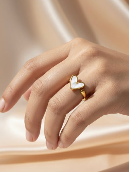 Minimalist Gold Heart Ring with Mother of Pearl Inlay