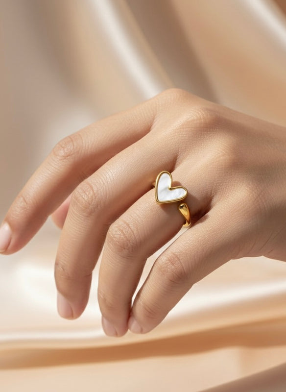 Minimalist Gold Heart Ring with Mother of Pearl Inlay