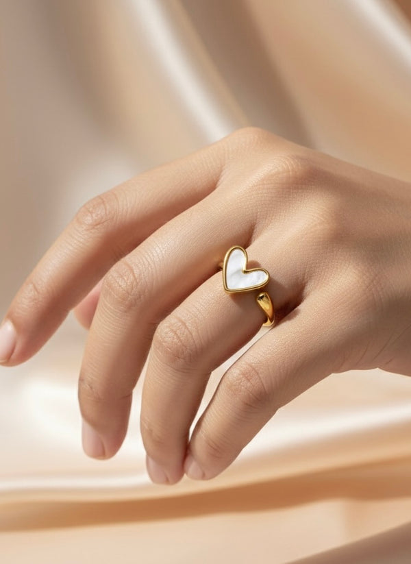 Minimalist Gold Heart Ring with Mother of Pearl Inlay
