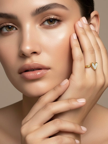 Minimalist Gold Heart Ring with Mother of Pearl Inlay