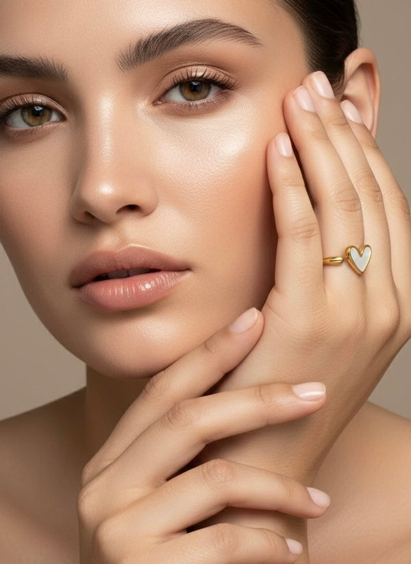 Minimalist Gold Heart Ring with Mother of Pearl Inlay