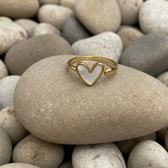 Minimalist Gold Heart Ring with Mother of Pearl Inlay