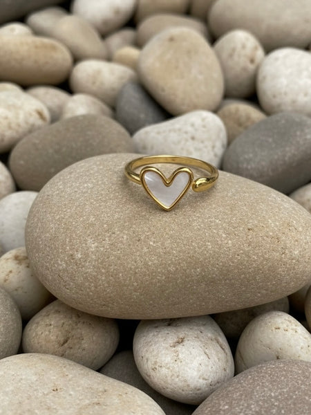 Minimalist Gold Heart Ring with Mother of Pearl Inlay