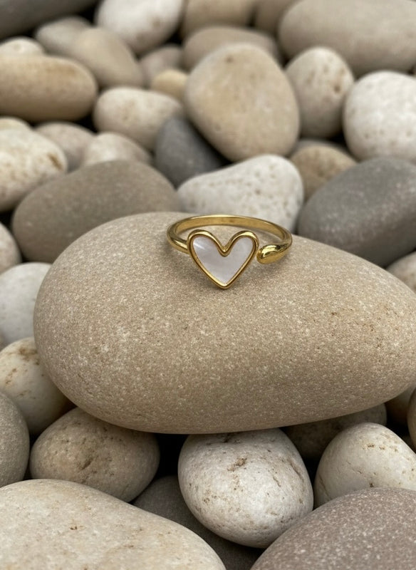 Minimalist Gold Heart Ring with Mother of Pearl Inlay