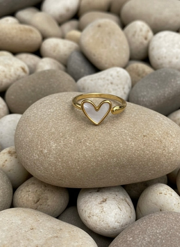 Minimalist Gold Heart Ring with Mother of Pearl Inlay