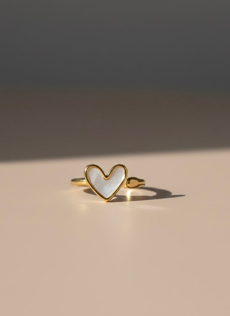 Minimalist Gold Heart Ring with Mother of Pearl Inlay