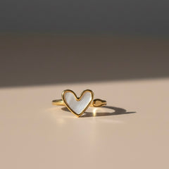 Minimalist Gold Heart Ring with Mother of Pearl Inlay