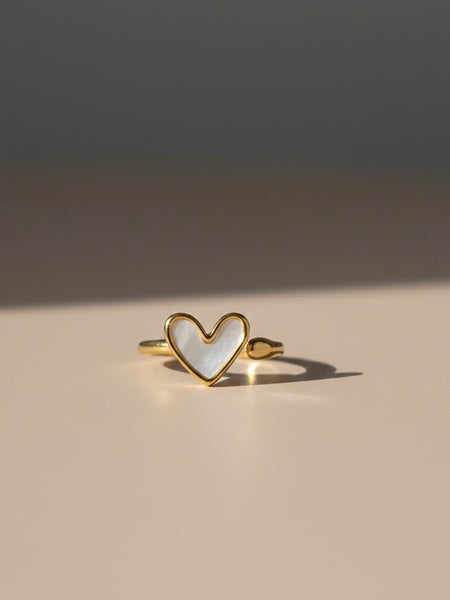 Minimalist Gold Heart Ring with Mother of Pearl Inlay