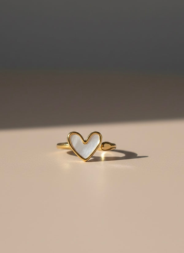 Minimalist Gold Heart Ring with Mother of Pearl Inlay