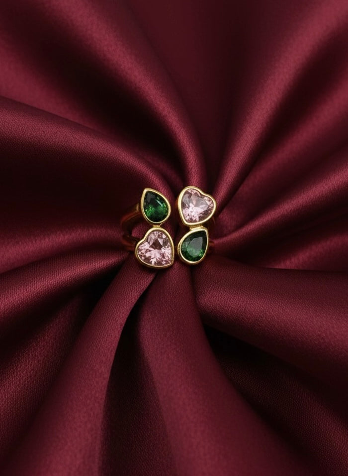 Dual Heart Gemstone Adjustable Gold Ring