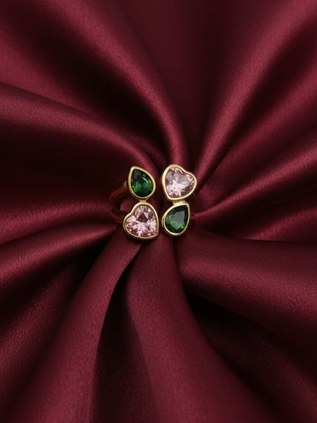 Dual Heart Gemstone Adjustable Gold Ring