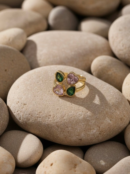 Dual Heart Gemstone Adjustable Gold Ring