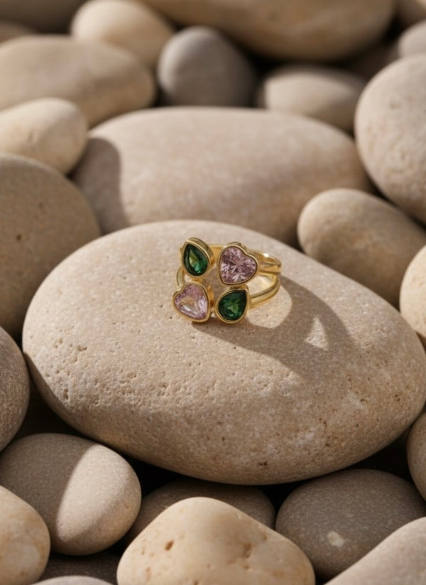 Dual Heart Gemstone Adjustable Gold Ring