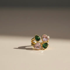 Dual Heart Gemstone Adjustable Gold Ring