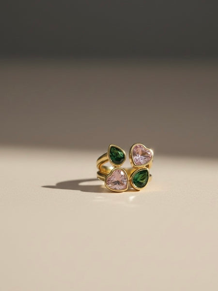 Dual Heart Gemstone Adjustable Gold Ring