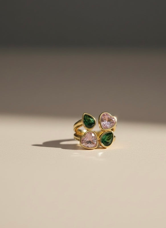 Dual Heart Gemstone Adjustable Gold Ring