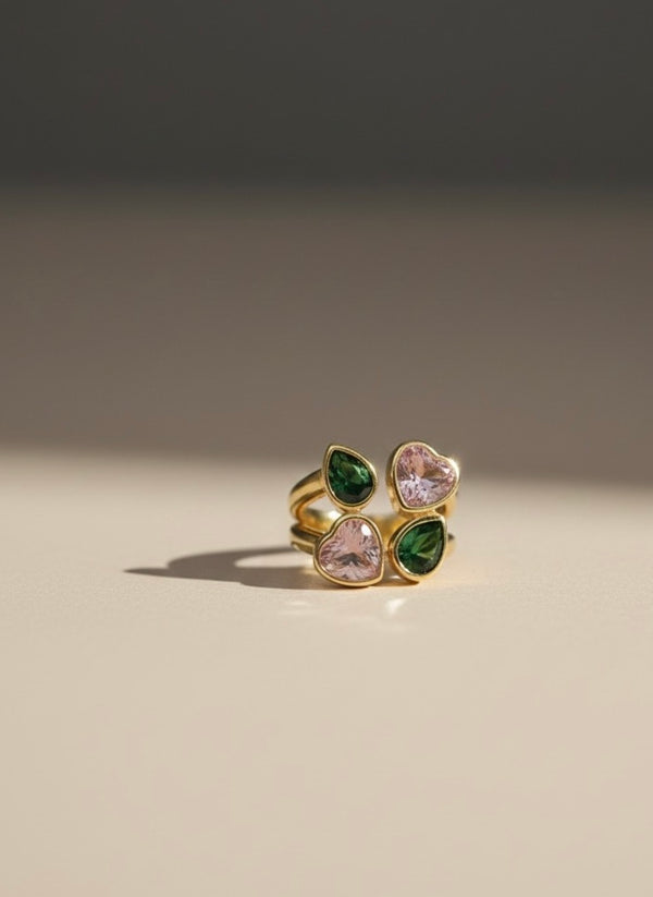 Dual Heart Gemstone Adjustable Gold Ring