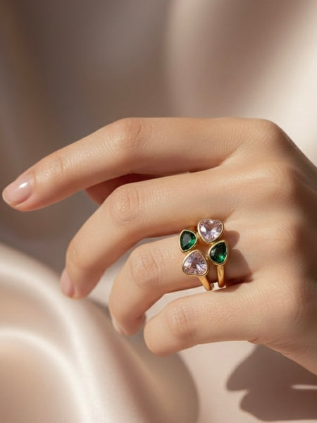 Dual Heart Gemstone Adjustable Gold Ring