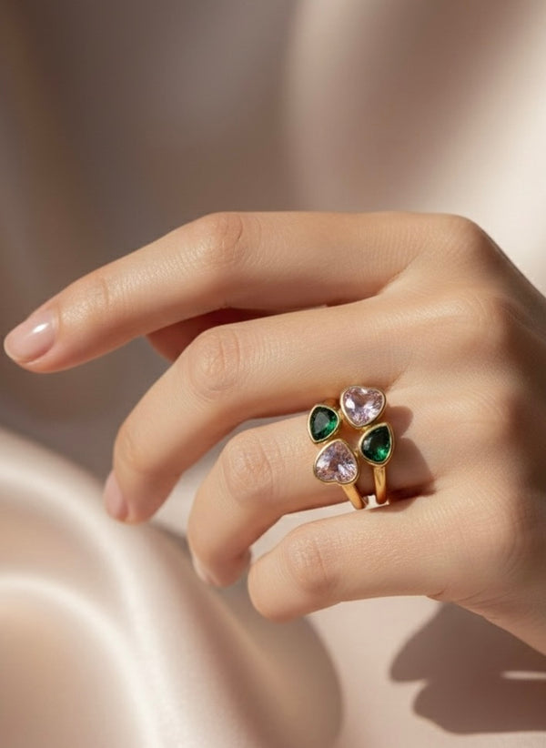 Dual Heart Gemstone Adjustable Gold Ring