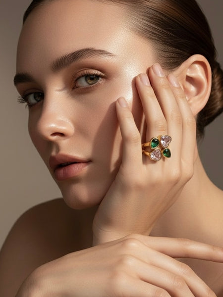 Dual Heart Gemstone Adjustable Gold Ring