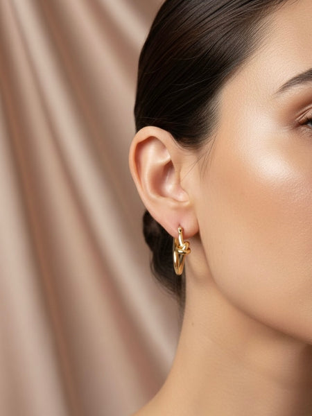 Twisted Knot Gold Hoops On Ears