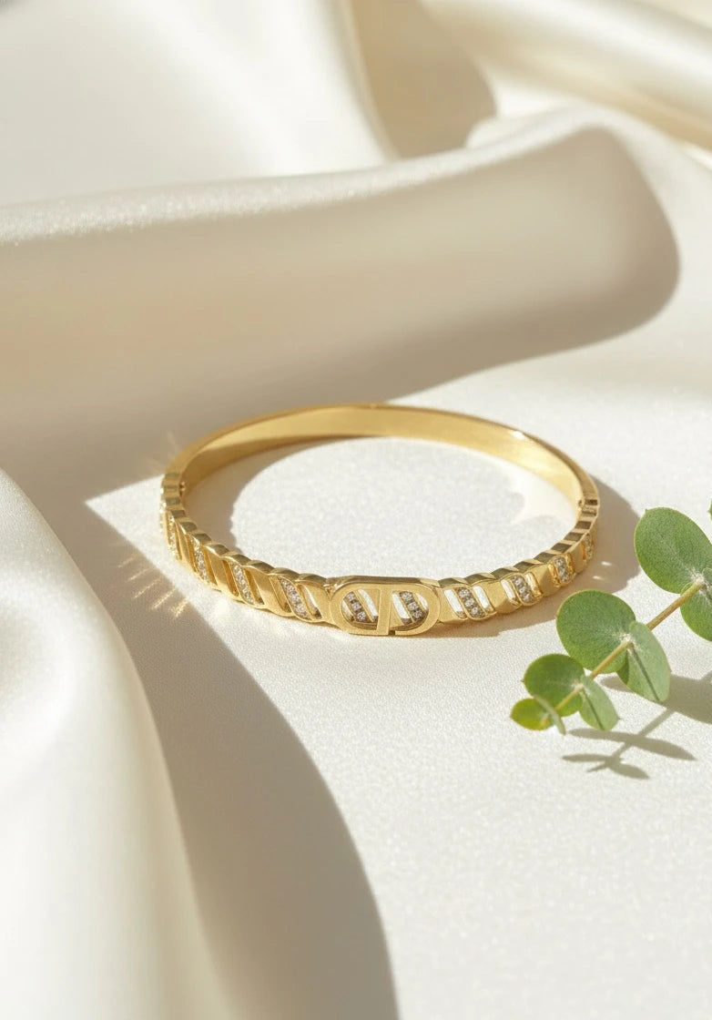 Crystal engraved gold finish kada
