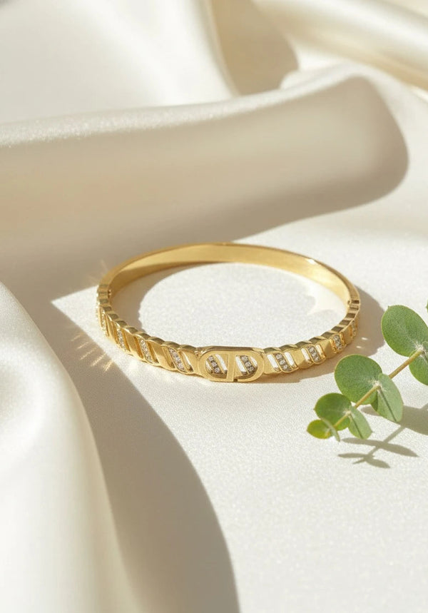 Crystal engraved gold finish kada
