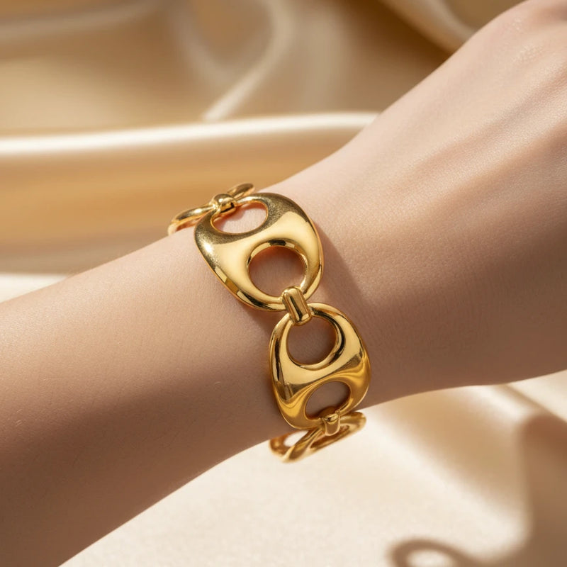 Golden Abstract Link Big Cuff Bracelet for Women