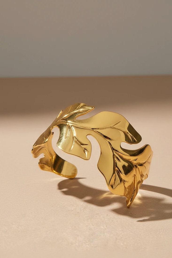 Golden leaf big cuff bracelet for women
