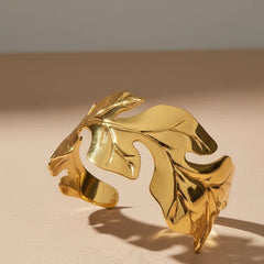 Golden leaf big cuff bracelet for women
